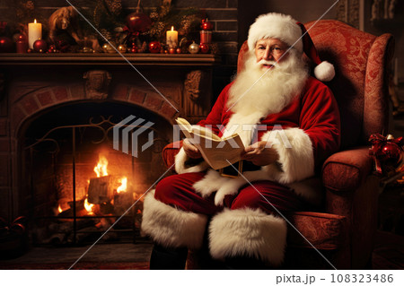 Santa Claus reading children's letters while resting in an armchair in his house 108323486
