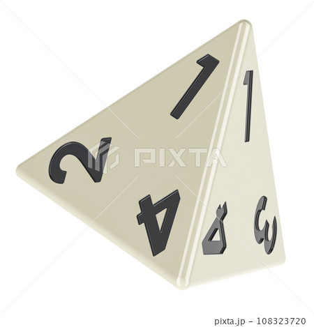 White 4 sided die, tetrahedron dice. 3D rendering White 4 sided die, tetrahedron dice. 3D rendering 108323720