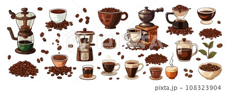 Coffee makers, cups and piles of beans. Cartoon doodle coffee drink collection, morning energy. Cafe or bakery elements, cup espresso vector set Coffee makers, cups and piles of beans. Cartoon doodle coffee drink collection, morning energy. Cafe or bakery elements, cup espresso vector set 108323904