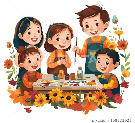 Kids painting. Children artists students painters color illustration, girls and boys characters drawings school cartoon picture 108323923