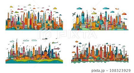 Futuristic cityscape in childs drawing style. Multicolored fictional city with skyscrapers and impossible planes, naive kids sketch 108323929
