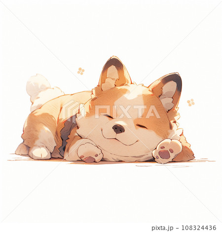 【AI生成画像】お昼寝する柴犬、水彩イラストテイスト 108324436