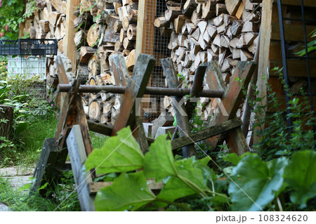 firewood storage closeup photo on summer day 108324620