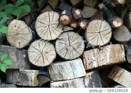 firewood storage closeup photo on summer day 108324629