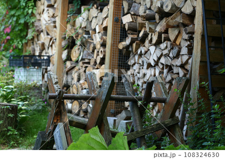 firewood storage closeup photo on summer day 108324630