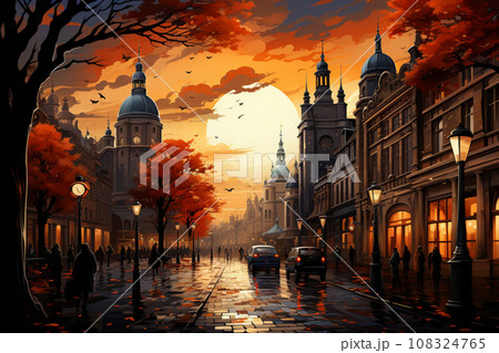 【AI生成画像】夕暮れの街の風景 108324765