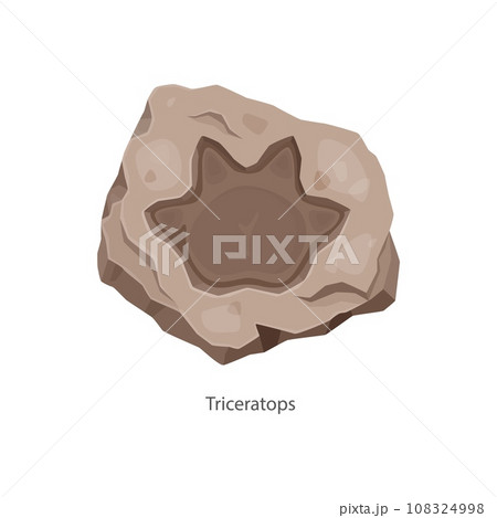Ancient triceratops dinosaur footprint, archaeology fossil. Isolated vector cartoon jurassic era archaeological and paleontology finds. Dino animal paw print, reptile foot trail impression in stone Ancient triceratops dinosaur footprint, archaeology fossil. Isolated vector cartoon jurassic era archaeological and paleontology finds. Dino animal paw print, reptile foot trail impression in stone 108324998
