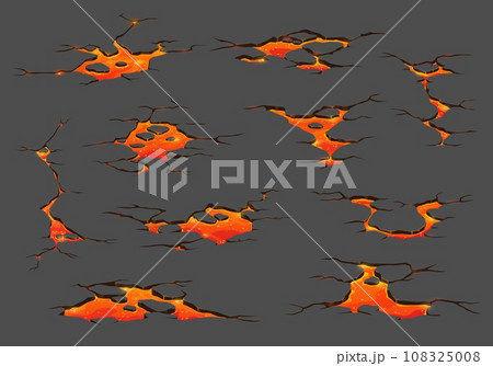 Volcano lava, magma fire ground cracks. Cartoon vector set of earthquake fissures, land destruction texture top view. Molten lava flows, fiery rivers creating dramatic destructive natural phenomenon 108325008
