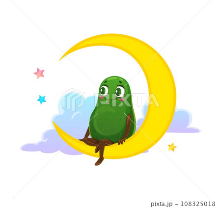 Cartoon mexican avocado character sitting on on the moon. Vector whimsical and charming food personage sporting a big smile, enjoying the celestial view and wishing good night and sweet dreams 108325018