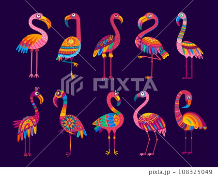 Cartoon brazilian flamingo birds. Isolated vector set of vibrant tropical creatures in a playful and animated alebrije style, showcasing their elegant long legs and unique vibrant ornate plumage Cartoon brazilian flamingo birds. Isolated vector set of vibrant tropical creatures in a playful and animated alebrije style, showcasing their elegant long legs and unique vibrant ornate plumage 108325049