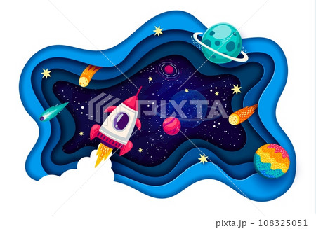 Space paper cut banner. Rocket launch, starry galaxy landscape and planets, comets, stars and floating spaceship in vector frame of 3d wavy layers. Outer space travel and adventure papercut poster Space paper cut banner. Rocket launch, starry galaxy landscape and planets, comets, stars and floating spaceship in vector frame of 3d wavy layers. Outer space travel and adventure papercut poster 108325051