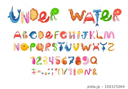 Sea animals font, ocean underwater type or aquatic typeface with marine alphabet, vector cartoon letters. Funny fish, octopus and dolphin or starfish and whale in kids undersea font or aquatic type 108325064