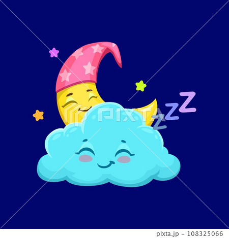 Cartoon cute cloud and crescent weather characters peacefully sleeping in the sky, Adorable vector eddy and moon sleepily resting, creating a serene and dreamy atmosphere for the night forecast 108325066
