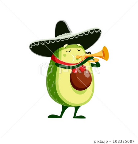 Cartoon kawaii Mexican avocado character in sombrero with trumpet, vector kids personage. Funny cute avocado playing mariachi music for Mexico holiday or fiesta party, cheerful avocado character Cartoon kawaii Mexican avocado character in sombrero with trumpet, vector kids personage. Funny cute avocado playing mariachi music for Mexico holiday or fiesta party, cheerful avocado character 108325087