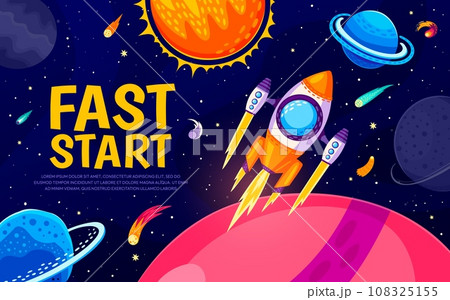 Business fast start, rocket launch and cartoon galaxy space landscape, vector background. Spaceship startup to space planets in starry sky for business project launch or corporate campaign website 108325155