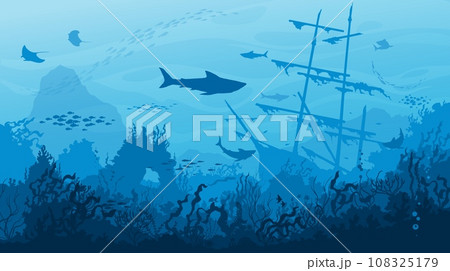 Sunken sail ship, sharks and fish shoals on underwater landscape silhouette. Sea water waves and ocean coral reef bottom vector background with marine animals, seaweeds and old sailing boat 108325179
