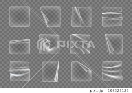Transparent adhesive square plastic stickers and patches with crumpled texture, realistic vector. Adhesive patches and sticky film labels, transparent plastic foil stickers wrinkled or peeled up Transparent adhesive square plastic stickers and patches with crumpled texture, realistic vector. Adhesive patches and sticky film labels, transparent plastic foil stickers wrinkled or peeled up 108325183