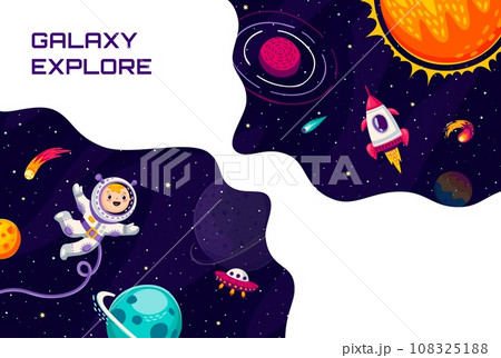 Space poster. Cartoon kid spaceman in outer space and solar system. Vector cartoon funny cosmonaut float in weightlessness at galaxy celestial world landscape with sun, planets, stars, and asteroids 108325188