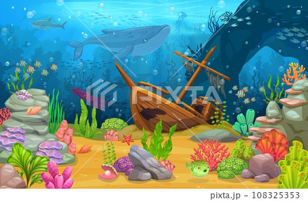 Cartoon sunken ship at tropical sea underwater landscape. Ocean life, marine bottom landscape, sea animal and plant or seabed deep wildlife vector background with sunken ship, whale and seaweed 108325353