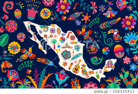Mexico map with tropical flowers, animals and birds, pinata and plants, vector background. Mexican travel landmarks, holiday culture, cuisine food and traditional art items on Mexico map ornaments 108325411