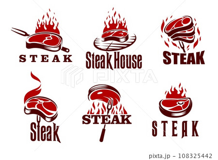 Steak grill icons, barbecue isolated vector emblems. Restaurant or steak house identity labels with grilled piece of meat, flaming fire, grid and fork. Bbq party symbols, set of vintage retro badges 108325442