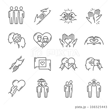 Help, support, friendship, love and community icons with vector line hands, hearts, heads and people figures. Social, friends and family relationship, help, trust and respect isolated symbols Help, support, friendship, love and community icons with vector line hands, hearts, heads and people figures. Social, friends and family relationship, help, trust and respect isolated symbols 108325443