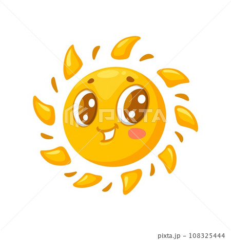 Cartoon kawaii sun character with smile on funny face, emoji or emoticon vector icon. Cute morning sun with yellow shine rays smiling for baby or kids comic sunny cheerful sunshine emoji 108325444