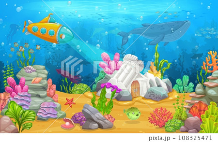 Underwater landscape with submarine bathyscaphe and ancient greek building on sea bottom, vector cartoon background. Ocean coral reef and sunken city ruins with whale, starfish and submarine boat Underwater landscape with submarine bathyscaphe and ancient greek building on sea bottom, vector cartoon background. Ocean coral reef and sunken city ruins with whale, starfish and submarine boat 108325471