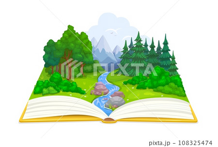 Opened book with forest and river, meadow and blue mountains. Vector nature landscape of cartoon green trees, plants and grass, water streams and rocks on pages of adventure storybook, reading themes Opened book with forest and river, meadow and blue mountains. Vector nature landscape of cartoon green trees, plants and grass, water streams and rocks on pages of adventure storybook, reading themes 108325474