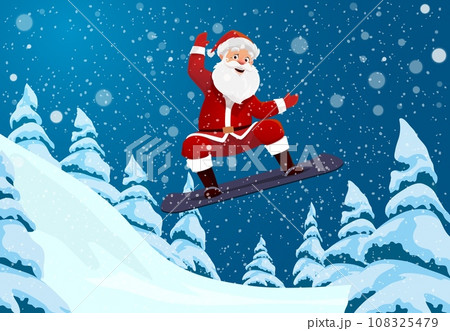 Christmas Santa character on snowboard. Vector Claus glides down snowy slopes with joy, his red suit contrasting against the pristine white backdrop, spreading holiday cheer through extreme winter fun 108325479