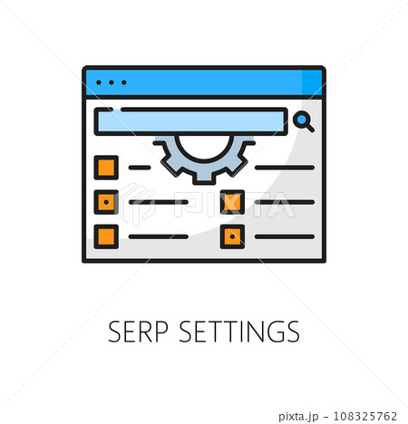 SERP settings icon of search engine result page, web marketing and internet advertising optimization, line vector. SERP settings pictogram of user website panel for digital media content management 108325762