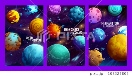 Cartoon galaxy space planets posters. Galaxy research, cosmos travel or space discovery vector leaflet or banner. Universe adventure flyer, vertical poster with fantastic planets, alien space station Cartoon galaxy space planets posters. Galaxy research, cosmos travel or space discovery vector leaflet or banner. Universe adventure flyer, vertical poster with fantastic planets, alien space station 108325802