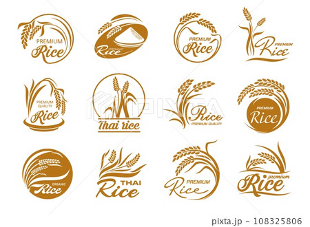 Rice icons with cereal plants and paddy grains. Vector gold leaves and seeds of farm field crop plant, bowl and grains pile silhouettes in round frames, thai and jasmine rice packaging labels set Rice icons with cereal plants and paddy grains. Vector gold leaves and seeds of farm field crop plant, bowl and grains pile silhouettes in round frames, thai and jasmine rice packaging labels set 108325806