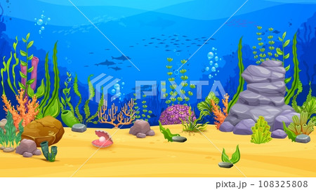 Game level, underwater landscape. Cartoon vector parallax background with sea bottom, fish shoal silhouettes, shell, corals, plants and rock. Tropical ocean floor, marine aquatic scene, undersea world 108325808