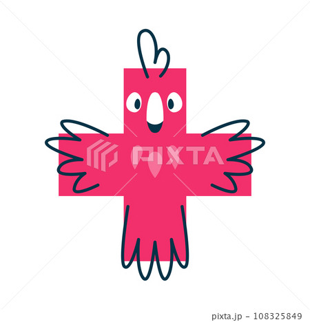 Cartoon animal parrot in shape of cross, ara bird. Macaw with funny smiling face, math shape personage, kindergarten elementary school emoticon Cartoon animal parrot in shape of cross, ara bird. Macaw with funny smiling face, math shape personage, kindergarten elementary school emoticon 108325849