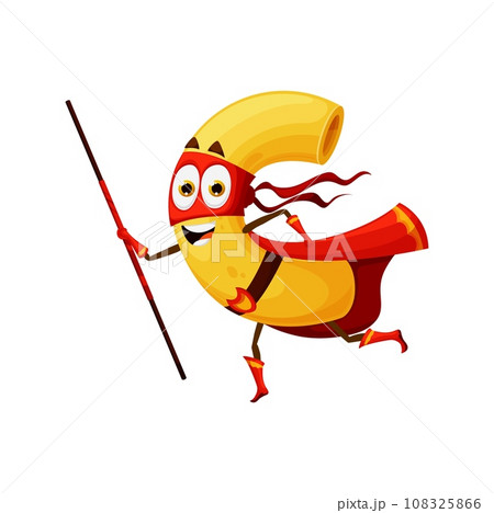 Cartoon Italian macaroni pasta superhero character, vector funny super hero food. Macaroni pasta super hero in red mask and power mantle cape fighting stick, kids comic guardian or defender ranger Cartoon Italian macaroni pasta superhero character, vector funny super hero food. Macaroni pasta super hero in red mask and power mantle cape fighting stick, kids comic guardian or defender ranger 108325866