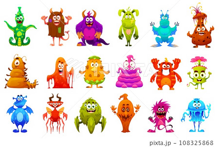 Cartoon funny monster characters. Spooky creatures, comical fantasy monsters or cute space aliens cheerful isolated vector personage or mascot collection with tentacles, horns, wings and slime bodies 108325868