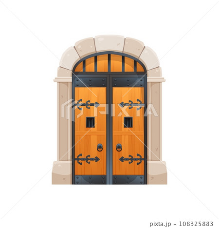 Castle wooden door or Medieval gate with stone arch, vector cartoon old portal. Medieval dungeon wood door or vintage house gate, antique architecture or cartoon game closed gateway with wooden door 108325883