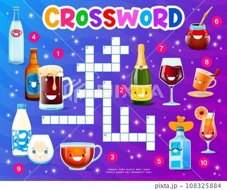 Crossword quiz game grid. Cartoon drink and cocktail characters. Kids vector cross word worksheet with wine glass, mexican tequila and foamy beer tankard. Coffee or tea cup, milk, champagne and water Crossword quiz game grid. Cartoon drink and cocktail characters. Kids vector cross word worksheet with wine glass, mexican tequila and foamy beer tankard. Coffee or tea cup, milk, champagne and water 108325884