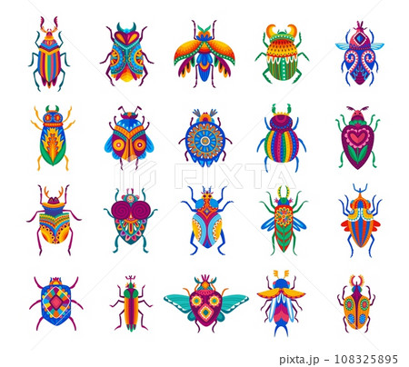 Cartoon beetles. Funny bugs with colorful ornaments on wings and back. Fantasy animals, alien planet insects or bugs, fairytale isolated vector beetles with vibrant, mexican or african patterns Cartoon beetles. Funny bugs with colorful ornaments on wings and back. Fantasy animals, alien planet insects or bugs, fairytale isolated vector beetles with vibrant, mexican or african patterns 108325895