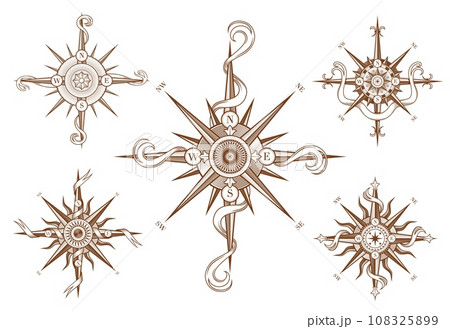Vintage wind rose compass with medieval antique ribbons. Sea travel cartography latitude, geography map compass or ocean sailing wind rose etching vector icon. Nautical navigation direction sign Vintage wind rose compass with medieval antique ribbons. Sea travel cartography latitude, geography map compass or ocean sailing wind rose etching vector icon. Nautical navigation direction sign 108325899