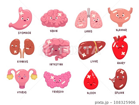 Cartoon sick body organ characters. Injured and unhealthy organ personages of vector brain, heart, blood and liver, kidneys, stomach, spleen and bladder, intestine, uterus, lungs and thyroid gland 108325906