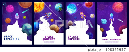 Space galaxy landing pages, cartoon space landscape and spaceship, vector website background. Galaxy planets exploration and space journey adventure landing pages with galactic rockets in sky Space galaxy landing pages, cartoon space landscape and spaceship, vector website background. Galaxy planets exploration and space journey adventure landing pages with galactic rockets in sky 108325937