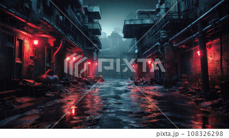 Dark industrial alley in cyberpunk city in rain, old gloomy dirty wet street. Moody view of spooky vintage buildings. Concept of dystopia, future, grunge, industry, neon 108326298