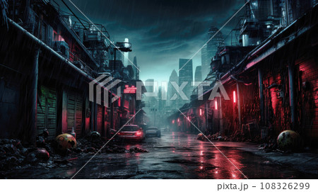 Dark street in cyberpunk city at night, old gloomy industrial dirty wet alley. Industrial vintage buildings with neon light in rain. Concept of dystopia, future, grunge, industry 108326299