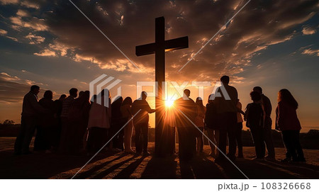 Group of people holding a large Christian cross 108326668