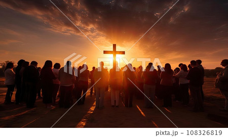 Group of people holding a large Christian cross Group of people holding a large Christian cross 108326819