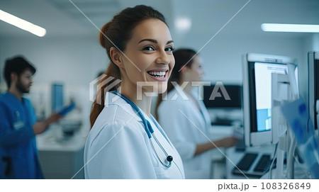 A medical worker or a doctor in a white coat in a modern clinic A medical worker or a doctor in a white coat in a modern clinic 108326849