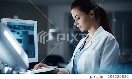 A medical worker or a doctor in a white coat in a modern clinic 108326886