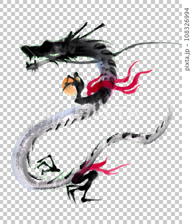 水墨画技法で描いた宝珠を持った龍のイラスト素材 [108326994] - PIXTA